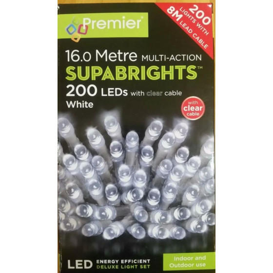 Premier 200 MultiAction LED Supabrights Christmas Lights - Clear Cable - White