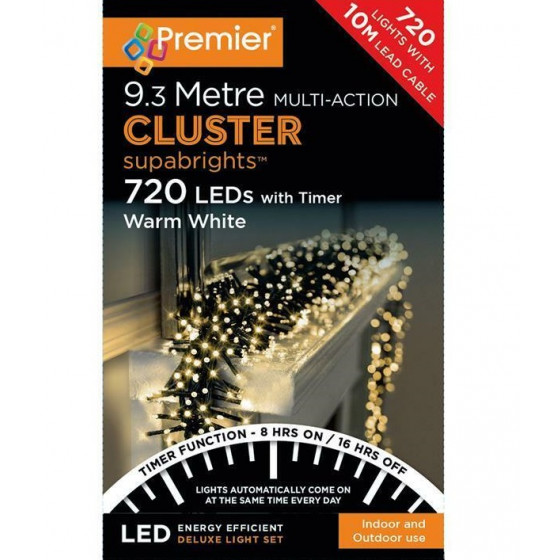 Premier Decorations 720 LED Cluster Christmas Lights With Timer - Warm White