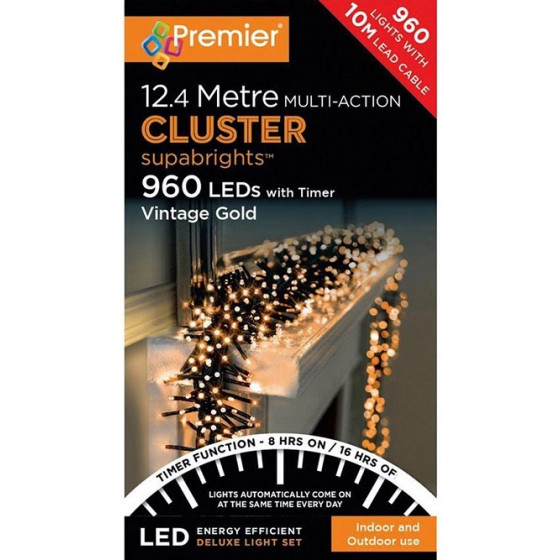 Premier Decorations 960 LED & Timer Christmas Cluster Lights - Vintage Gold