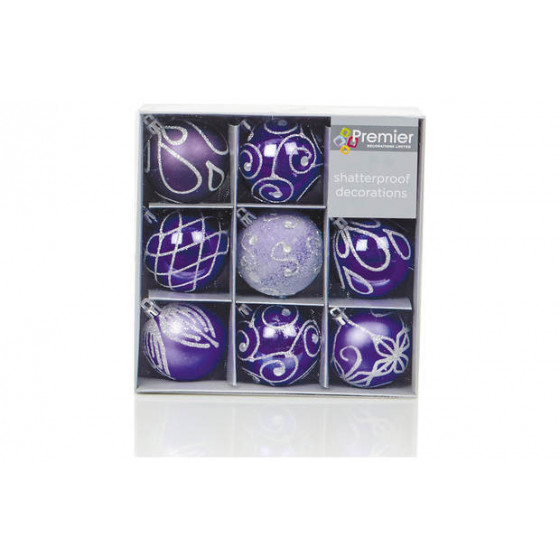 Premier Decorations Set of 9 Sparkle Baubles - Purple