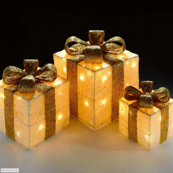 Premier Decorations LED Set of 3 Glitter Cream Parcels - Warm White