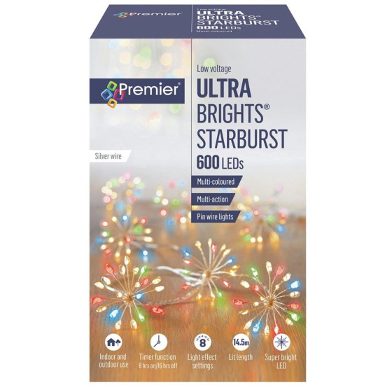 Premier 600 Multi-function Multi-Coloured Christmas Starbursts LED Lights - 5m