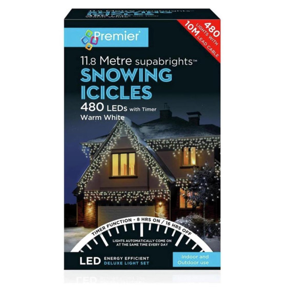Premier Decorations 480 Multi Action Snowing Icicles LED Lights with Timer - Warm White