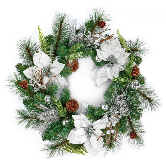 Premier Decorations 50cm White Poinsettia Wreath - Green
