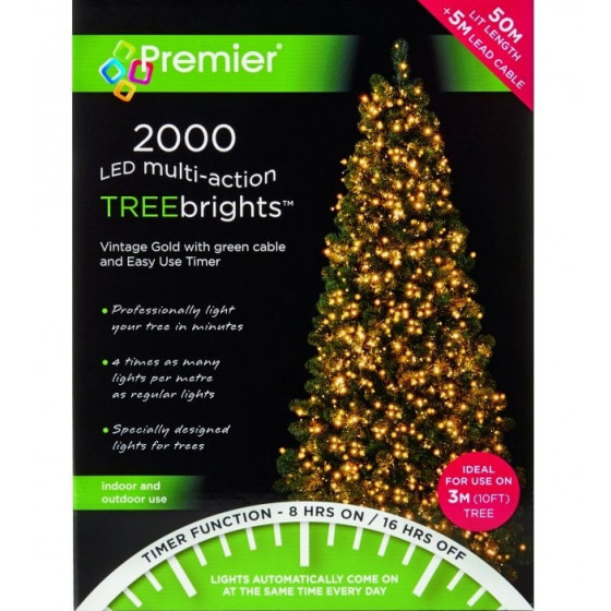 Premier Decorations 2000 TreeBrights Timer Christmas Tree Lights - Vintage Gold
