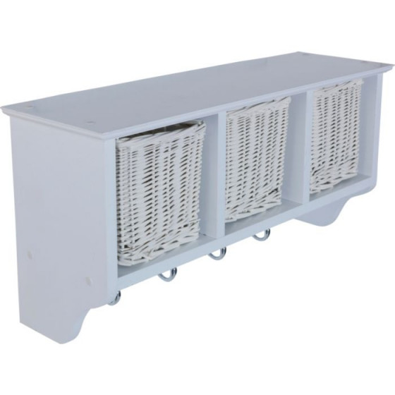 Wooden 3 Basket Storage Unit with 4 Coat Hooks - White