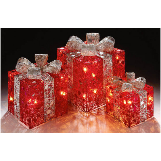 Premier Decorations Set of 3 Light Up Parcels - Red & Silver