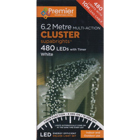 Premier Decorations 480 Cluster SupaBrights Christmas Lights With Timer - White