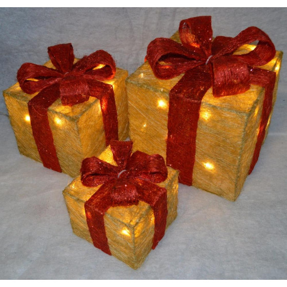 Premier 3 Piece Glitter Parcels With Bow & LED Lights - Gold & Red