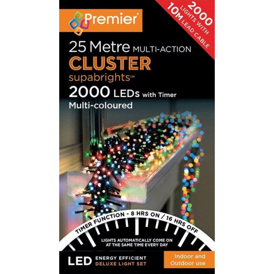 Premier Decorations 2000 LED Cluster Christmas Lights With Timer - Multicoloured