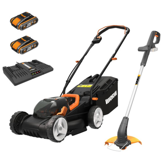 WORX Cordless 34cm Lawnmower & Grass Trimmer Kit - 2 Batteries