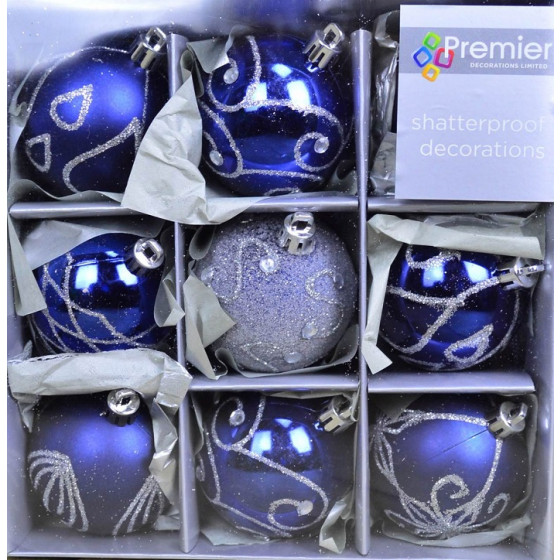 Premier Set Of 9 Midnight Blue Christmas Tree Baubles - 6cm