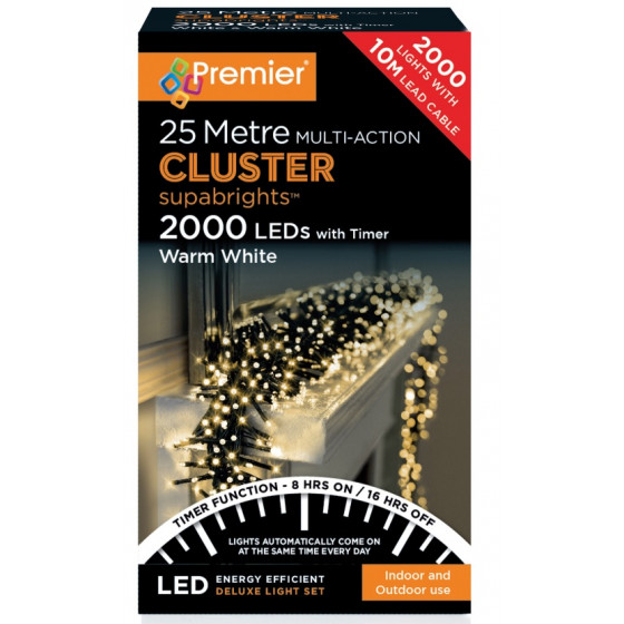 Premier Decorations 2000 LED Timer Cluster Christmas Tree Lights - Warm White