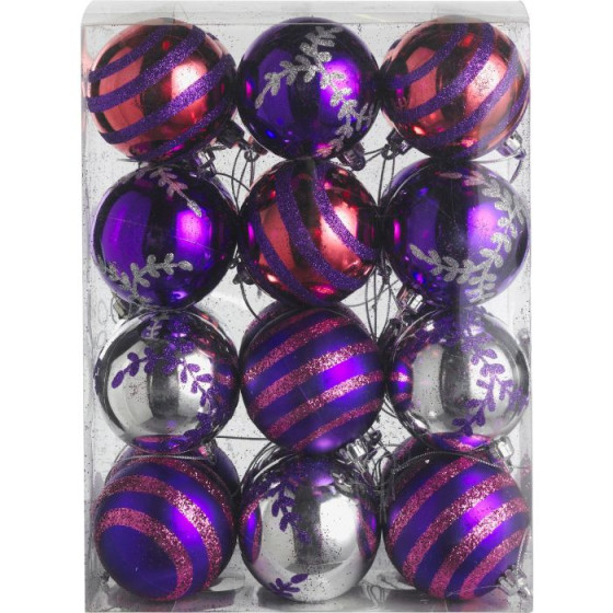 24pk Luxury Silver/Purple Christmas Tree Baubles