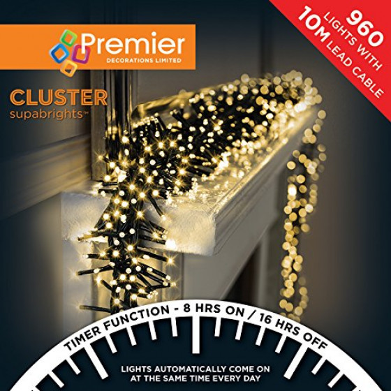 Premier Decorations 960 Cluster LED Lights with Timer - Warm White
