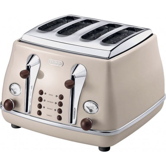 DeLonghi CTOV4003BG 4 Slice Vintage Icona Wide Slot Toaster - Cream