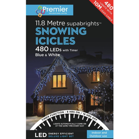 480 LED Snowing Icicle Christmas Lights With Timer - Blue & White