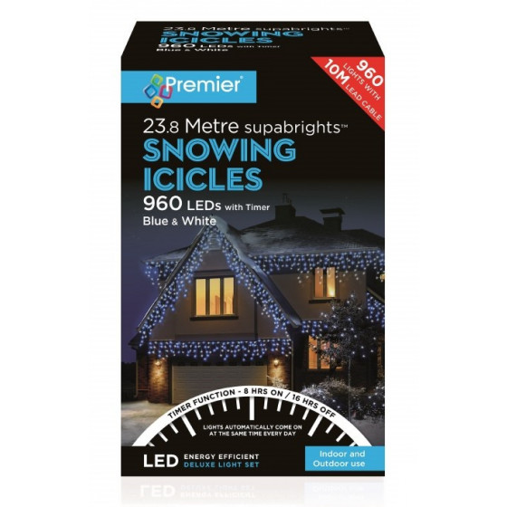Premier 960 LED Snowing Icicles Timer Christmas Lights - Blue & White