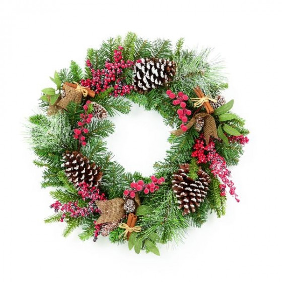 Premier 50cm Natural Frosted Wreath With Pinecones & Berries