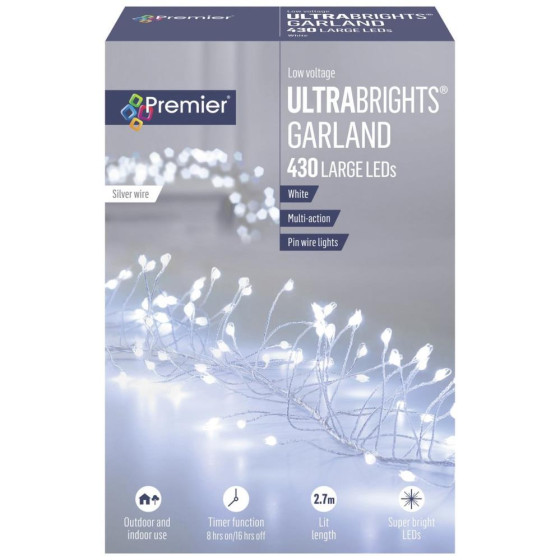 Premier 430 LED White Ultrabrights Garland Pin Wire Lights Silver Wire 2.7m Multi-action