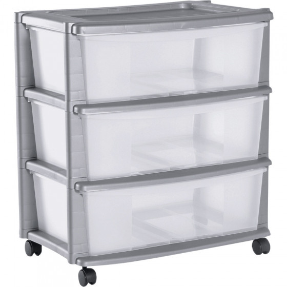 3 Drawer Plastic Wide Tower Storage Unit - Silver