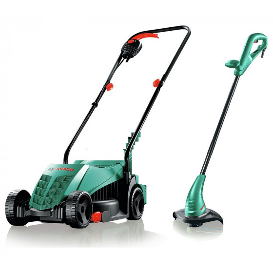 Bosch Rotak Corded Mower (No Grass Box) and Grass Trimmer Twin Pack
