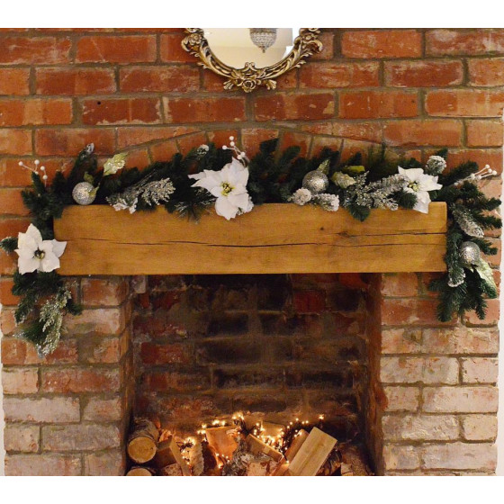 Premier Decorations 6ft White Poinsettia Christmas Garland Silver Balls - Green