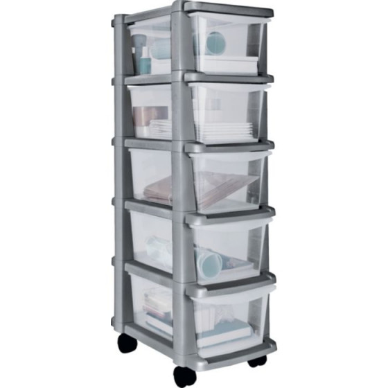 5 Drawer Slim Tower Storage Unit - Silver