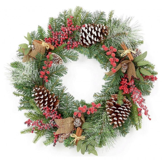 Premier Decorations 50cm Natural Berry Cones Frosted Christmas Wreath - Green