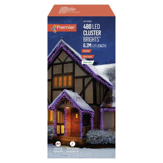 Premier Decorations 480 LED Cluster Multi-Action Christmas Lights - Rainbow
