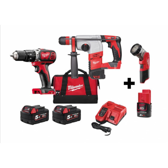 Milwaukee 18V Li-Ion Cordless Drill 18v Hammer Drill & M12 LED Torch Set