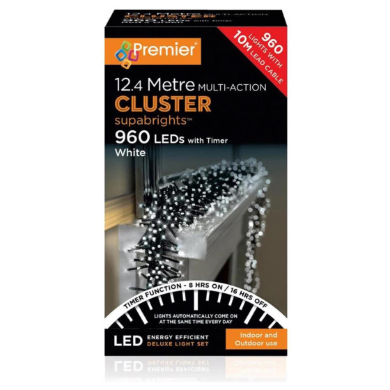 Premier Decorations 960 White Multi Cluster LED Lights - 22m