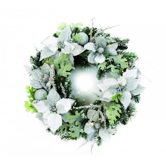 Premier Pre-Lit White & Silver Poinsettia Christmas Wreath - 24in