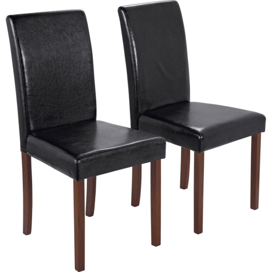 Pair of Walnut Stain Black Leather Effect Mid Back Chairs