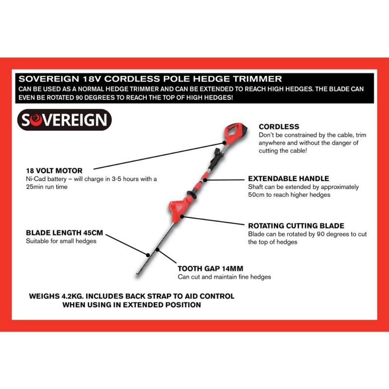 Sovereign M0E7ET410 Cordless Pole Hedge Trimmer 18V (No Charger