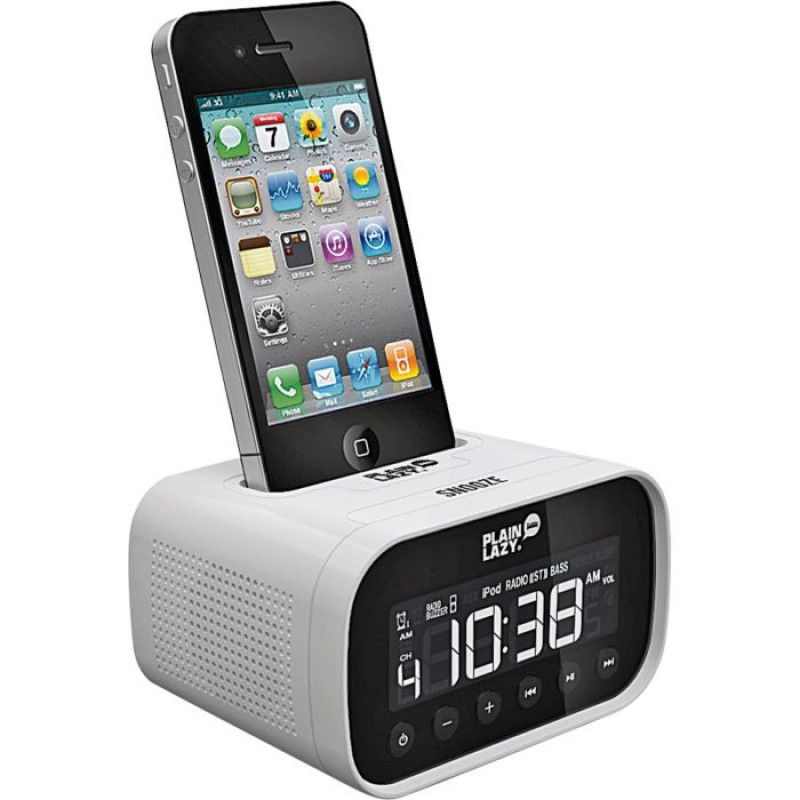 Plain Lazy Alarm Clock iPhone and iPod Speaker Dock White Alarm