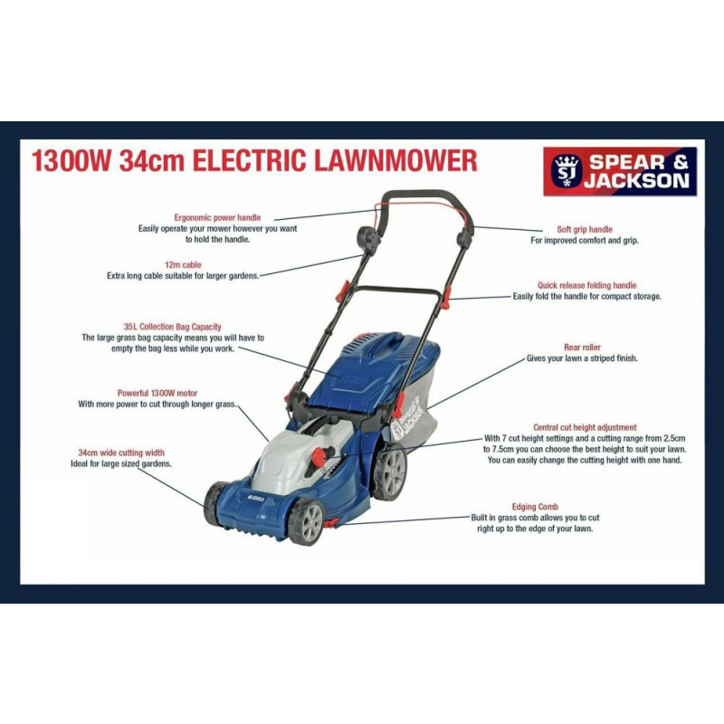Spear Jackson S1334ER2 34cm Corded Rotary Lawnmower 1300W Lawnmowers Garden Power Tools GMV Trade