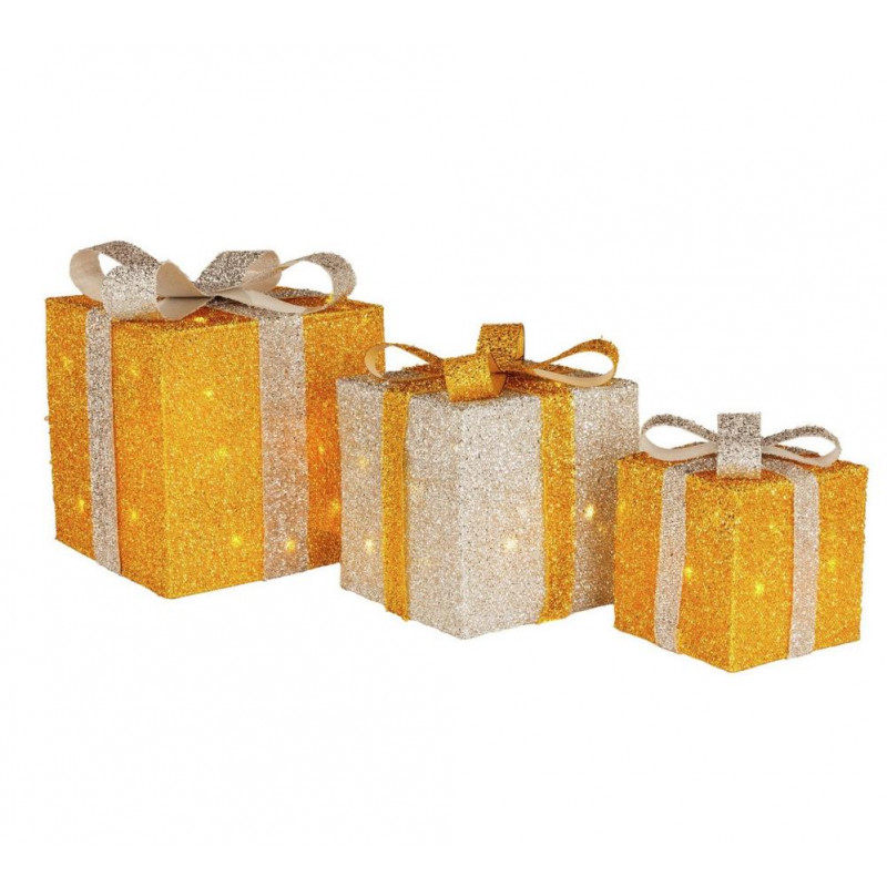Home Set of 3 Light Up Gift Boxes Christmas Decoration - Gold &amp; White - Christmas Novelty