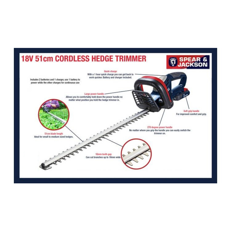 Spear & Jackson S1851CHX2 51cm Cordless 18v Hedge Trimmer With 2