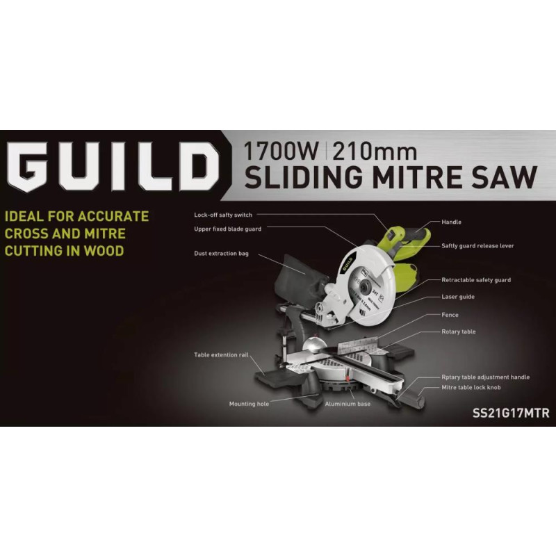 Guild 210mm sliding mitre sales saw with laser