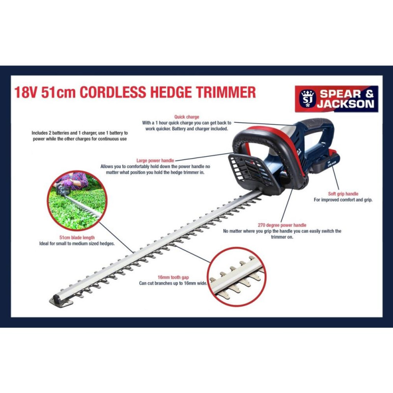 Spear & jackson 51cm cordless clearance hedge trimmer with 2 batteries