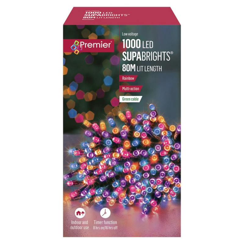 Premier 1000 MultiAction LED 80m Christmas Lights With Timer Rainbow
