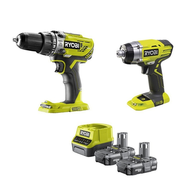 Ryobi R18PD3 R18ID2 18v Percussion Drill Impact Driver Set