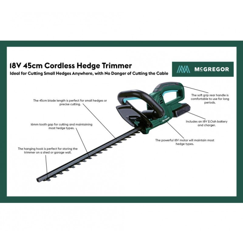 McGregor 45cm Cordless Hedge Trimmer 18V Hedge Trimmers Garden & Power Tools GMV Trade