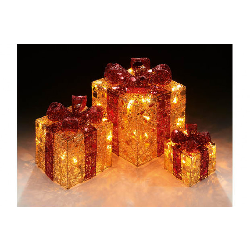 Premier Decorations Set of 3 Light Up Parcels Gold & Red Christmas