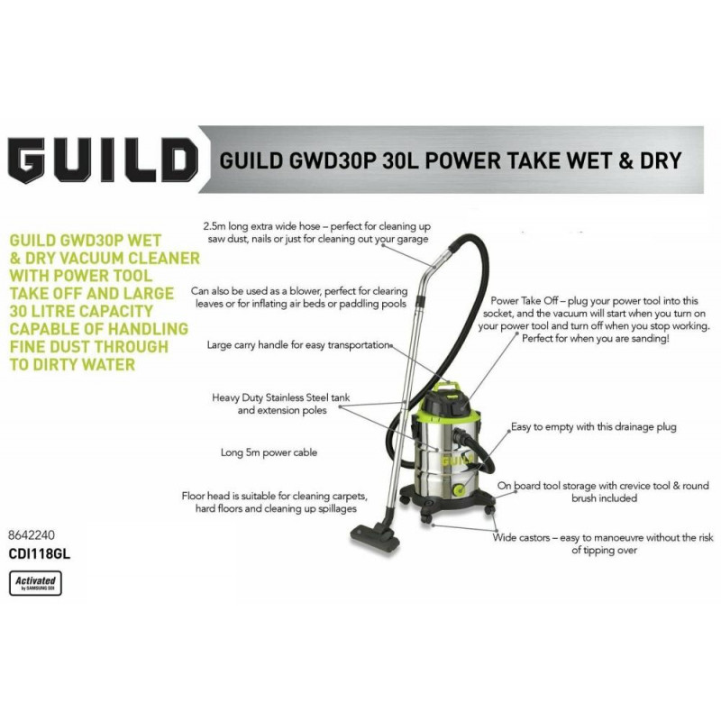 Guild 30L Wet & Dry Canister Vacuum Cleaner With Power Take Off 1500W