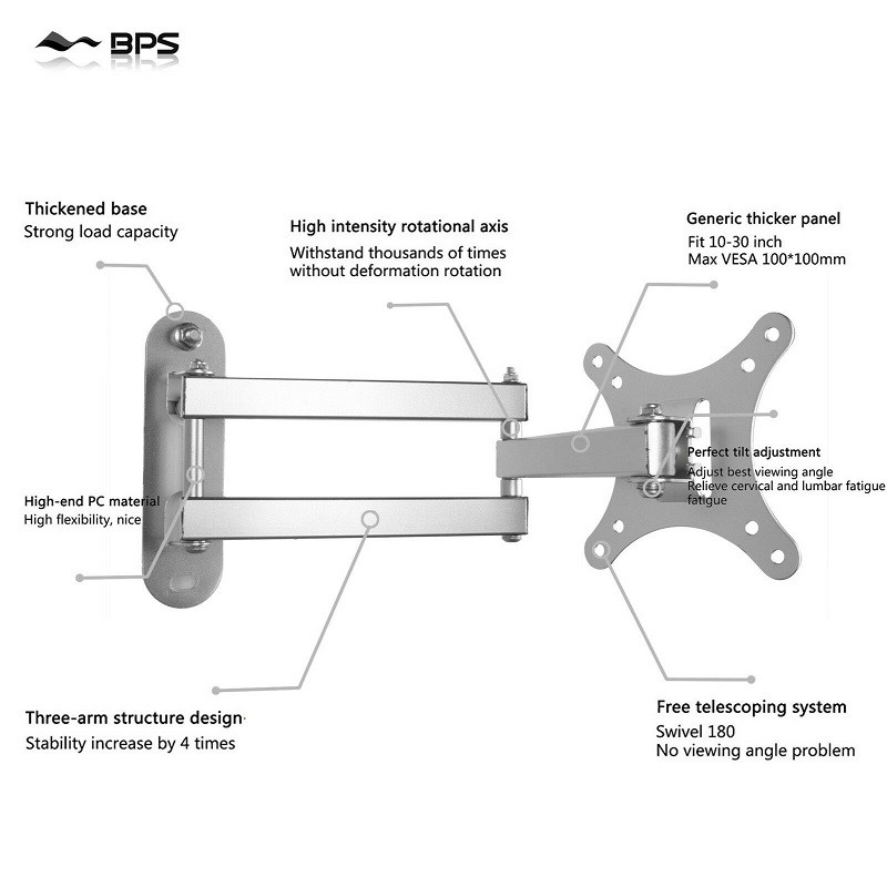 BPS Tilt Swivel TV Wall Mount Bracket With Arm Silver Television