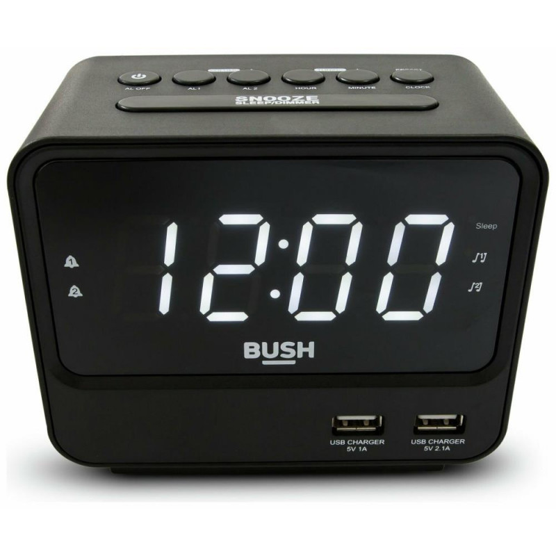 Bush FM USB Dual Alarm Digital Clock Radio Black Alarm Clocks