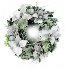 Premier Decorations 60cm Pre-Lit Poinsettia Christmas Wreath - White & Green