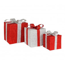 Home Set of 3 Light Up Gift Boxes Christmas Decoration - Red & Silver